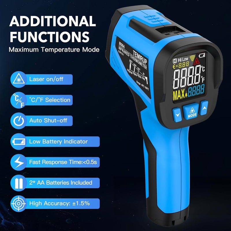 Temirup Infrared Thermometer Temperature Gun - Non-Contact Digital Laser Thermometer Temp Gun with Thermocouple Probe for Industrial, Cooking, Griddle, Engine, HVAC, Adjustable Emissivity,-40℉~1202℉ - Image 3